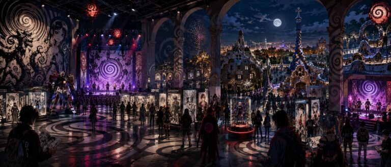 Eine europäische Manga-Messe bei Nacht wirkt wie ein surrealer Horror-Traum, während spiralförmige Schatten, Anime-Figuren und leuchtende Bühnen über Barcelona schweben.