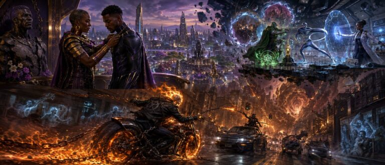 Ein schwarz gekleideter maskierter Held steht auf einem futuristischen Balkon über einer afrikanisch inspirierten Stadt. Unter ihm rast ein Motorradfahrer mit brennendem Schädel durch eine nächtliche Straße, während im Hintergrund ein gepanzerter Mann mit grünem Umhang zwischen Ruinen erscheint.