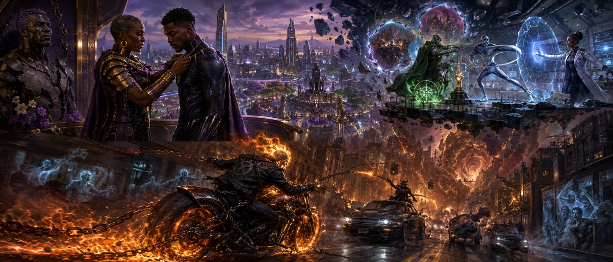 Ein schwarz gekleideter maskierter Held steht auf einem futuristischen Balkon über einer afrikanisch inspirierten Stadt. Unter ihm rast ein Motorradfahrer mit brennendem Schädel durch eine nächtliche Straße, während im Hintergrund ein gepanzerter Mann mit grünem Umhang zwischen Ruinen erscheint.