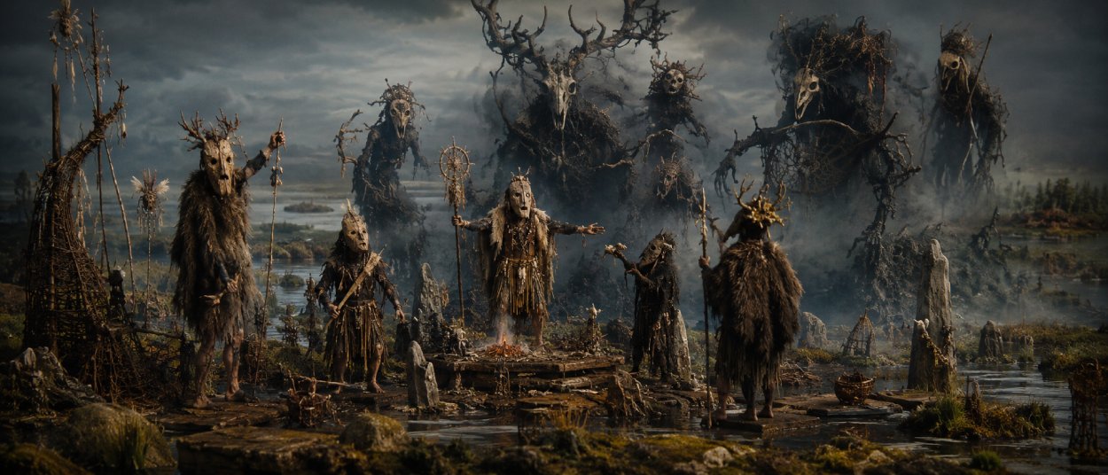 Maskierte Schamanen stehen in einem nebligen mesolithischen Moor, während böse Geister, Knochenamulette und uralte Holzmasken zwischen den Bäumen erscheinen.