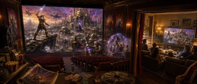 Ein muskulöser Krieger mit goldenem Schwert steht vor einer futuristischen Fantasyburg. Hinter ihm kämpfen gepanzerte Verbündete gegen dunkle Soldaten und einen verhüllten Zauberer mit knöchernem Gesicht.