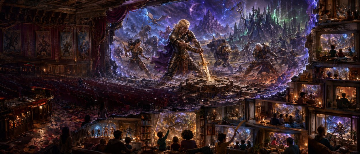 Ein muskulöser Fantasykrieger mit blondem Haar und erhobenem Schwert steht vor einer mächtigen steinernen Festung. Neben ihm kämpfen eine Kriegerin und ein gepanzerter Mann gegen dunkle Soldaten, während ein skelettartiger Herrscher auf einem erhöhten Balkon erscheint.