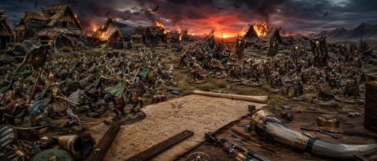 Miniaturen von Reitern Rohans und wilden Kriegern Dunlands stehen auf einem Tabletop-Schlachtfeld neben einem Pergament mit Regelnotizen.