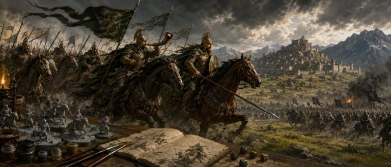 Berittene Krieger von Rohan stürmen mit Speeren, Bannern und Hornsignal über eine grüne Ebene in eine Fantasy-Schlacht.