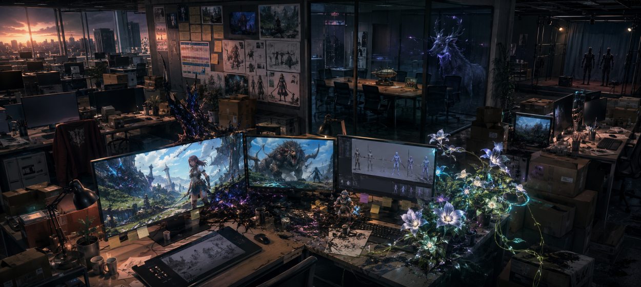 Ein verlassenes Spieleentwicklerbüro mit ausgeschalteten Monitoren, leeren Schreibtischen und gestapelten Umzugskisten. Auf einem Bildschirm ist eine farbenreiche Fantasylandschaft mit einer jungen Kriegerin und einem großen schwarzen Wesen zu sehen.
