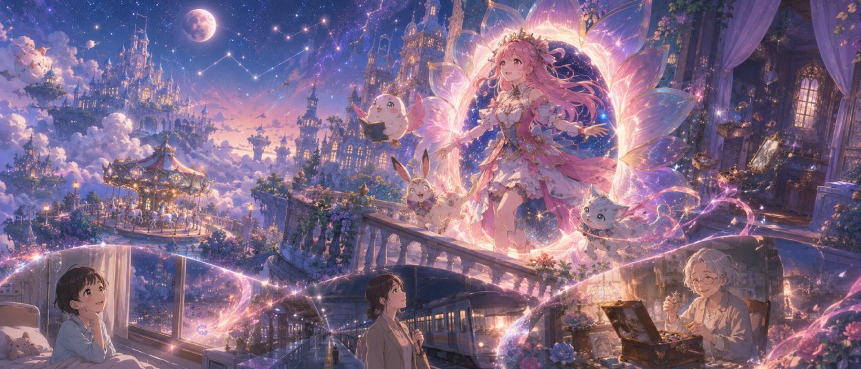 Anime-Mädchen mit rosa Haaren und farbenfrohem Kleid steht zwischen drei kleinen fantastischen Begleitern in einer leuchtenden Traumlandschaft mit schwebenden Sternen, Wolken und einem märchenhaften Schloss.