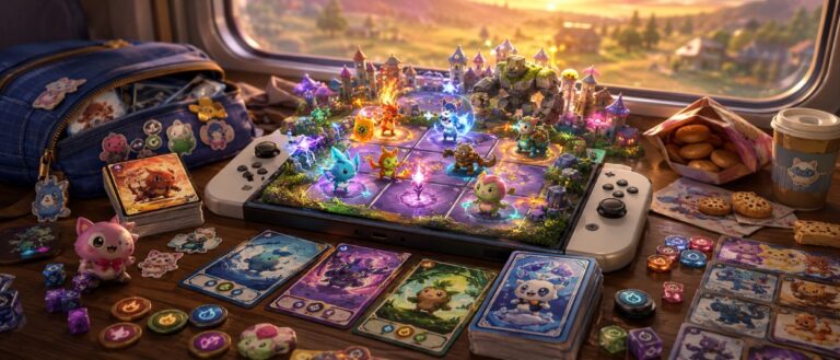Montabi Switch mit Monsterzähmung, Kartenbau und taktischem 3x3-Kampffeld in bunter Fantasy-Optik.