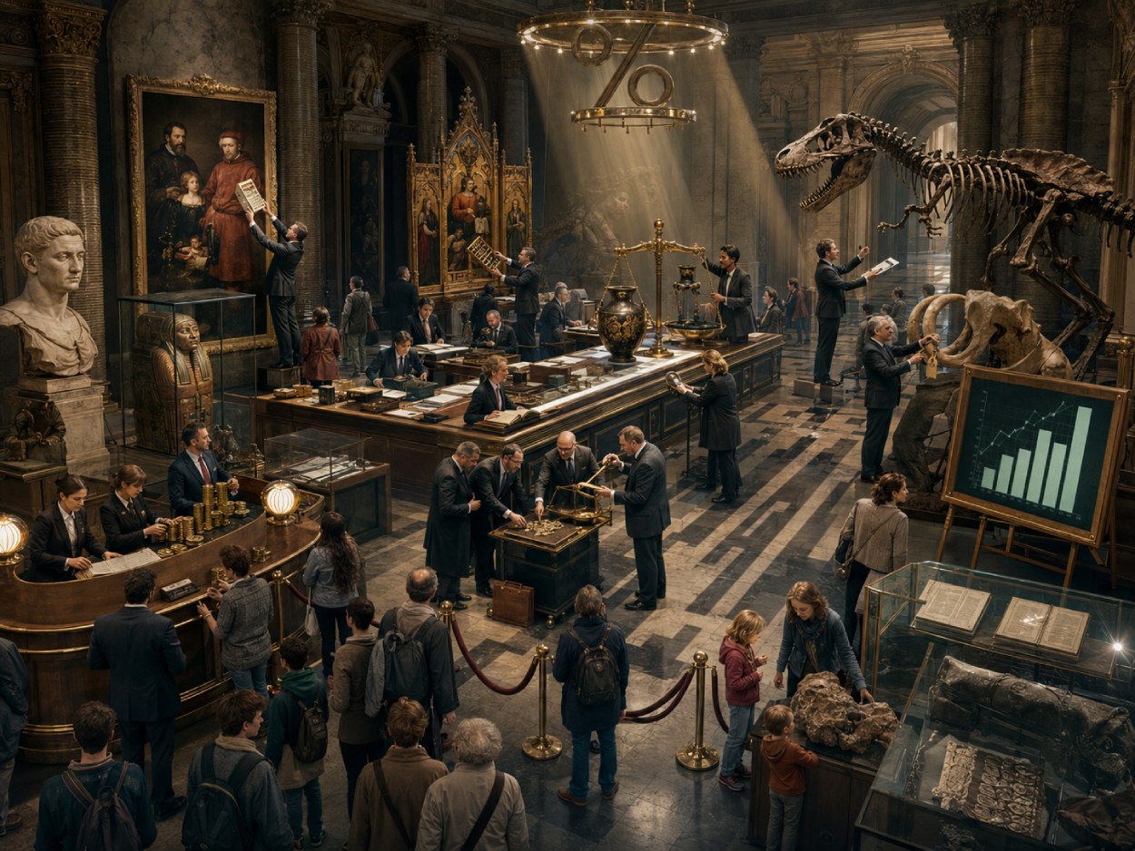 In einem prächtigen Museum vermessen und bewerten Prüfer Gemälde, eine antike Vase, ein Mammutskelett und einen Dinosaurier. Zwischen Besuchern stehen Goldwaagen, Münzen, Akten und ein großes Balkendiagramm; über dem Saal hängt ein Leuchter in Form eines Prozentzeichens.