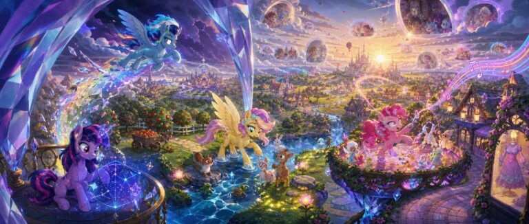 Vier farbenfrohe animierte Ponys laufen über eine leuchtende Wiese. Über ihnen ziehen Regenbogen, glitzernde Sterne und rosafarbene Wolken durch den Himmel, während im Hintergrund eine helle Fantasiestadt mit Türmen liegt.