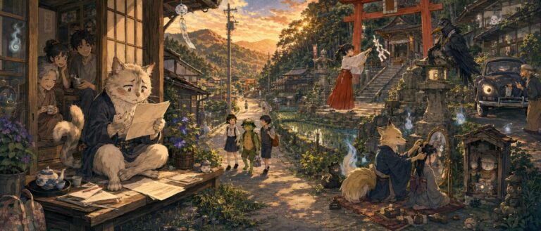 My Neighbor Yokai mit angehender Schreinpriesterin, zweischwänzigem Nekomata und Geistern in einem japanischen Dorf.
