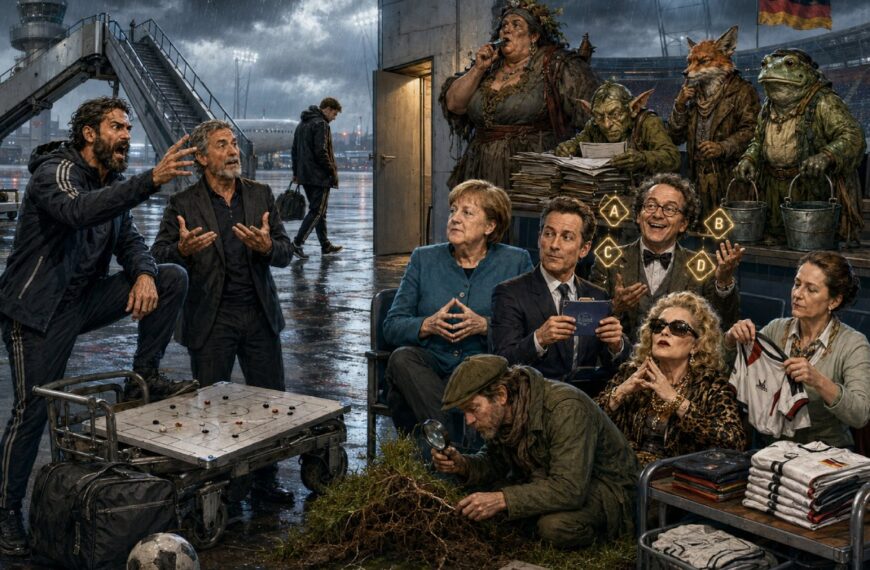 Satirische Fantasy-Szene an einem verregneten Flughafen-Stadion: Ein enttäuschter Fußballtrainer verschwindet durch einen Seitenausgang, während davor echte Fußballfiguren, Talkshow- und Quizshow-Gestalten, politische Symbolfiguren und absurde Kandidaten aus den Zwischenreichen als mögliche Retter des DFB auftreten.