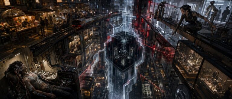 Ein Hacker liegt in einem improvisierten Neurostuhl unter einer futuristischen Großstadt, während eine Kämpferin in einen geöffneten Datenturm eindringt.