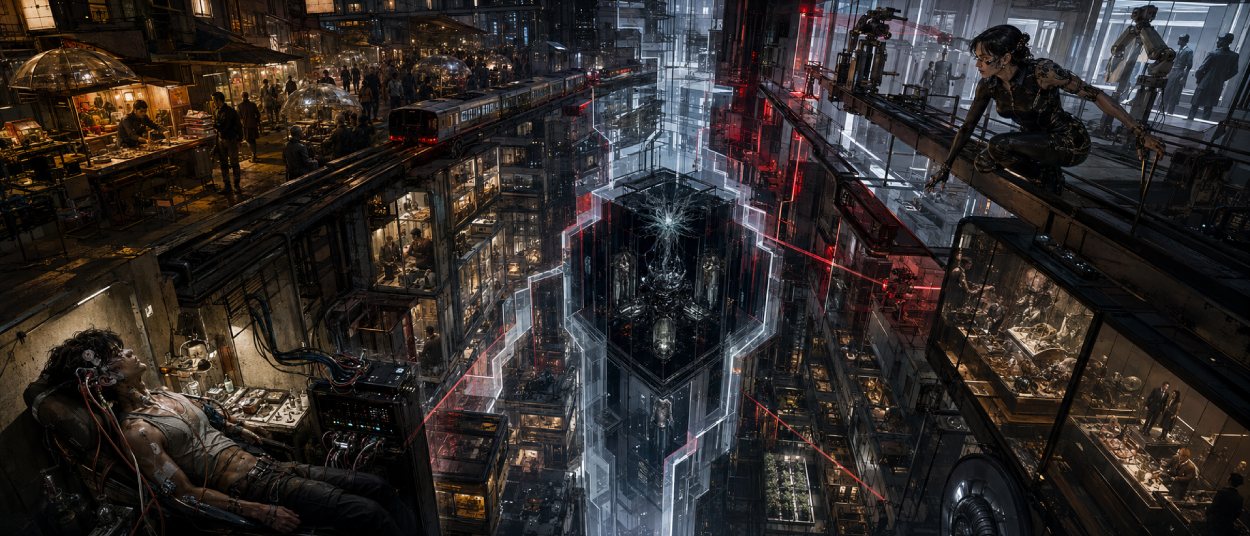 Ein Hacker liegt in einem improvisierten Neurostuhl unter einer futuristischen Großstadt, während eine Kämpferin in einen geöffneten Datenturm eindringt.