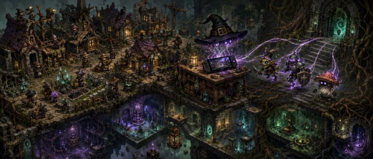 Never Grave Android mit verfluchtem Hexenhut, magischen Dungeons und Dorfaufbau in dunkler Fantasy-Optik.
