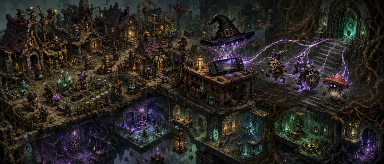 Never Grave Android mit verfluchtem Hexenhut, magischen Dungeons und Dorfaufbau in dunkler Fantasy-Optik.