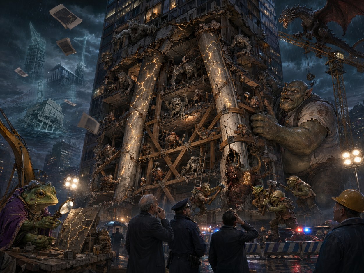 Fantasy-Szene in Manhattan: Ein Wolkenkratzer wird von Zwergen und Ogern abgestützt, während Gebäudedämonen und Steingolems aus verbogenen Säulen, Rissen und Bauakten hervorkriechen.
