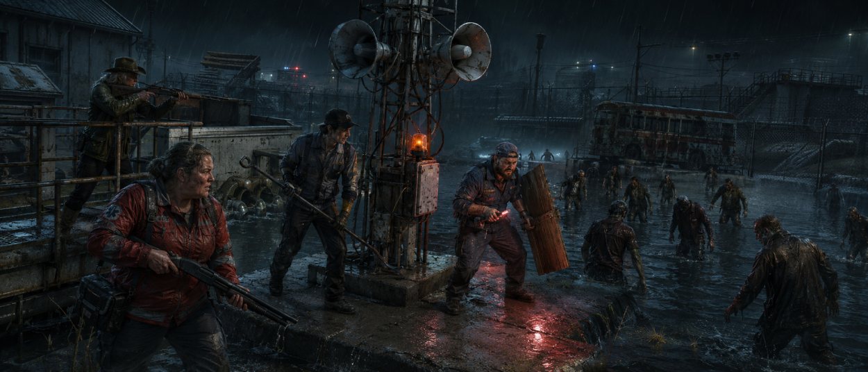 Vier bewaffnete Überlebende verteidigen nachts einen Lautsprecherturm auf einem überfluteten Industriegelände gegen eine herannahende Gruppe von Zombies.