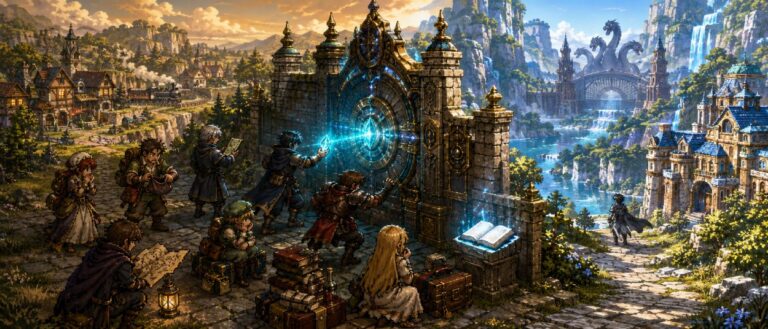 Acht Pixel-Abenteurer stehen vor dem Übergang in eine schärfere HD-2D-Welt, während ihr alter Spielstand an einer magischen Schranke zurückbleibt.