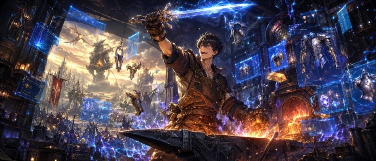 Ein junger Schmied steht in einer leuchtenden Fantasy-Schmiede vor schwebenden Waffen und Rüstungen, während eine gewaltige Spielwelt im Hintergrund erscheint.