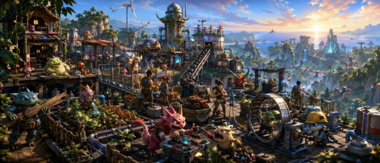 Palworld 1.0 mit neuen Pals, Open-World-Survival, Fabriktechnik und Monsterzähmung in einer bunten Inselwelt.