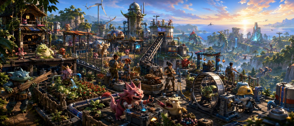 Palworld 1.0 mit neuen Pals, Open-World-Survival, Fabriktechnik und Monsterzähmung in einer bunten Inselwelt.