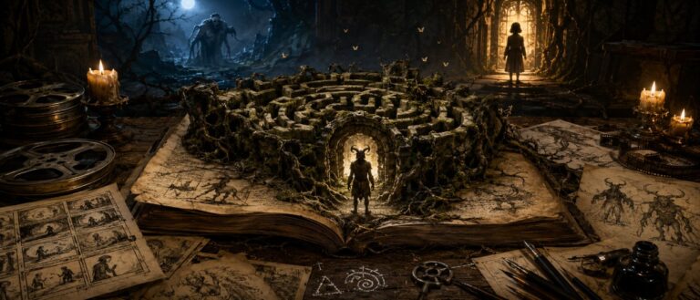 Ein dunkles Märchenbuch liegt geöffnet vor einem Labyrinth, während ein Faun, Skizzenblätter und Storyboards im Kerzenlicht erscheinen.