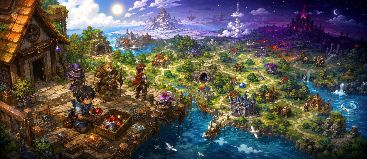 PARAGON STORY als Indie-RPG mit Fischerjunge, Dämonenkönig, Monsterformen und klassischer JRPG-Oberwelt.