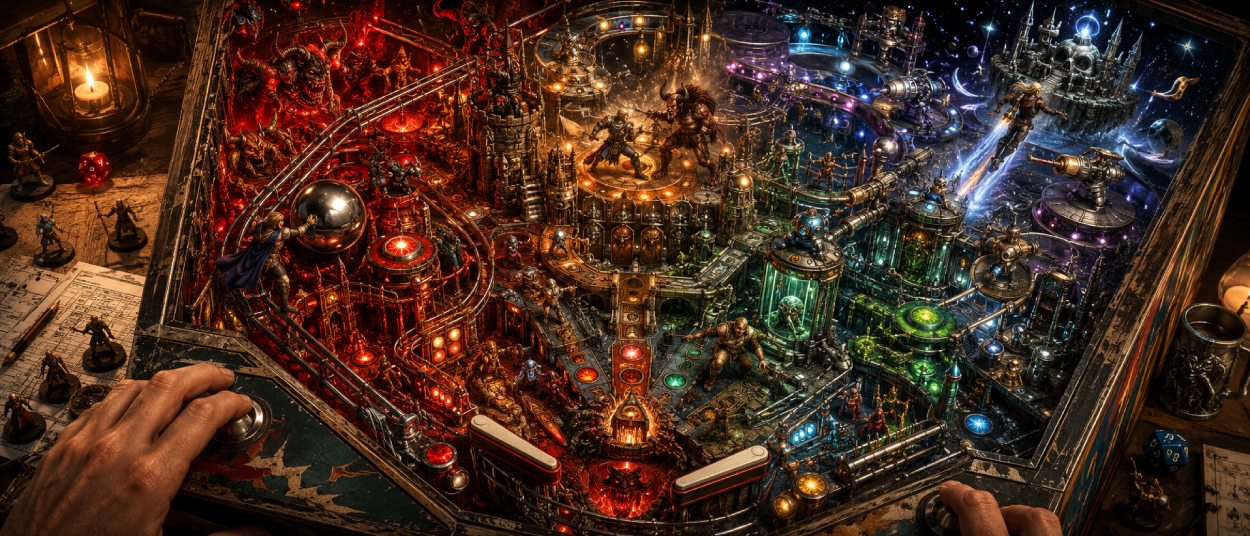 Helden aus Pinball Crawl Classics kämpfen auf einem gigantischen Fantasy-Flipperfeld gegen Dämonen, Stahlkrieger und kosmische Gegner.