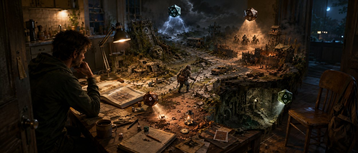 Ein einzelner Affe erkundet im Planet of the Apes Solo Rulebook eine verfallene Stadt und würfelt seine eigene Kampagne aus.