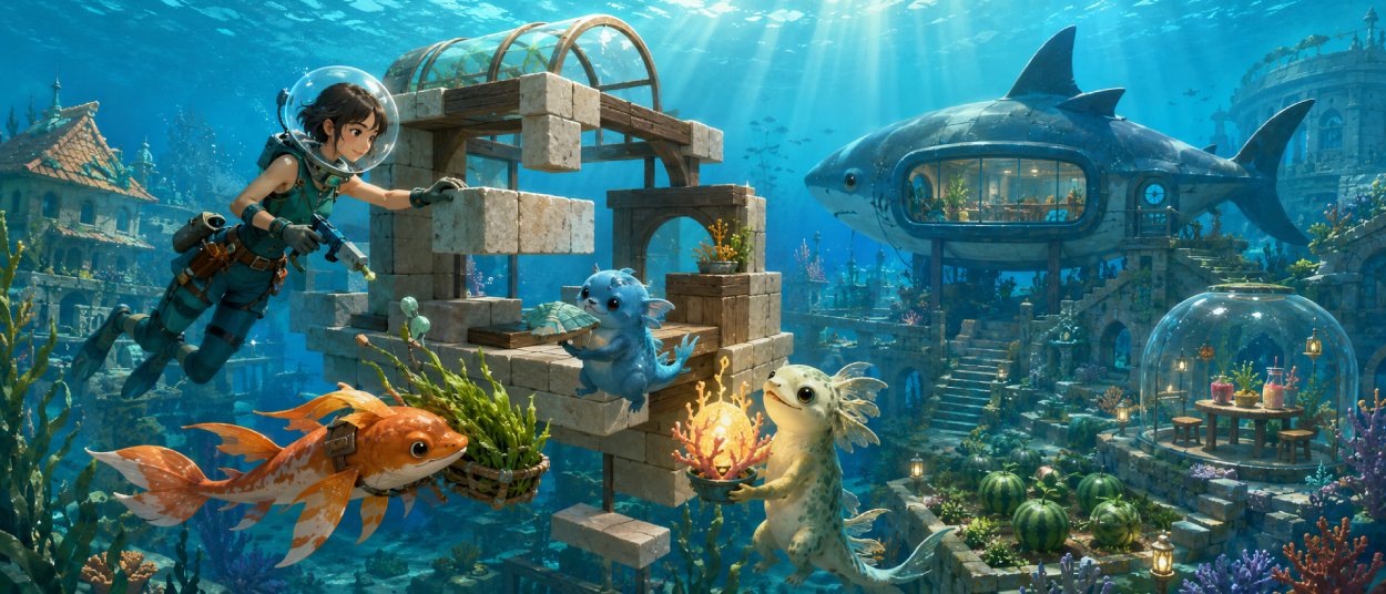Eine junge Baumeisterin und mehrere kleine Wasserwesen errichten zwischen Korallen und versunkenen Steinhäusern eine schwebende Unterwasserbehausung.
