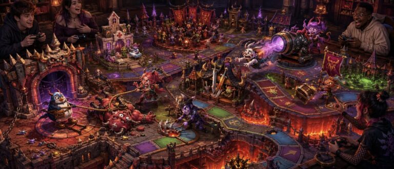 Vier kleine dämonische Spielfiguren kämpfen auf einem bunten Spielbrett um einen gefesselten Monsterboss. Eine Figur zieht den Gegner in Richtung eines Burgtors, während die anderen sie mit Kanonen, Fallen und geworfenen Gegenständen aufzuhalten versuchen.