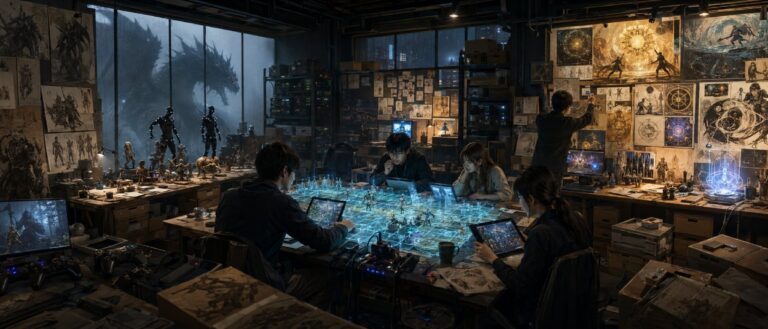 Project Awakening von Cygames mit Fantasy-Krieger, Nebel, alten Entwicklungsplänen und magischen Projekten im Hintergrund.