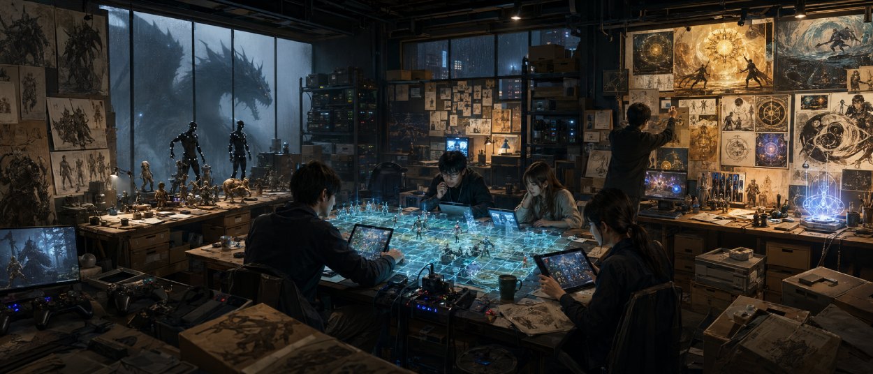 Project Awakening von Cygames mit Fantasy-Krieger, Nebel, alten Entwicklungsplänen und magischen Projekten im Hintergrund.