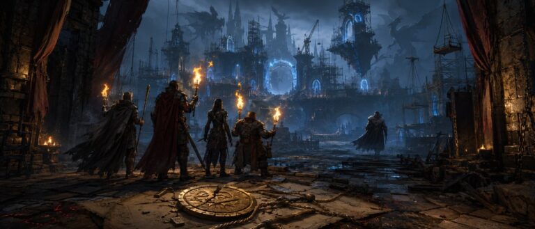 Eine Heldengruppe steht mit Fackeln vor einem dunklen Fantasy-Dungeon, während im Hintergrund ein goldener Auftragssiegel zerbricht.