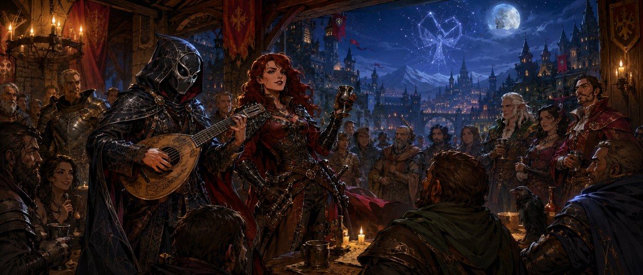 Ein maskierter Barde mit Spinnenmotiv spielt in einer Fantasy-Taverne, während eine heldenhafte Gefährtin und ein fernes Königreich im Hintergrund erscheinen.