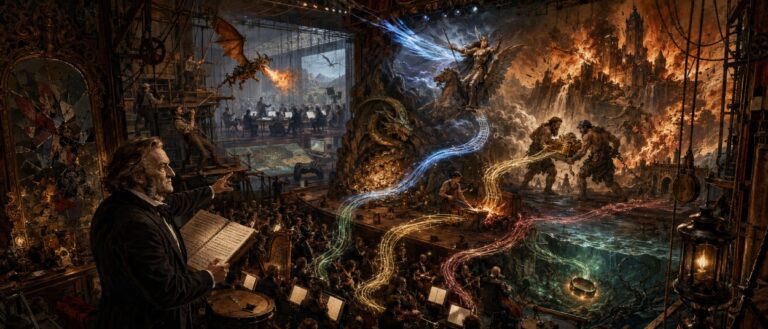 Richard Wagner steht mit einer Partitur neben einem Orchestergraben. Auf der Opernbühne sind ein goldener Ring, ein Drache, eine gepanzerte Reiterin und eine brennende Burg zwischen künstlichen Felsen und Wolken zu sehen.