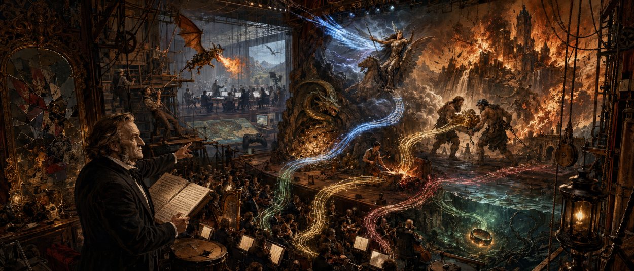 Richard Wagner steht mit einer Partitur neben einem Orchestergraben. Auf der Opernbühne sind ein goldener Ring, ein Drache, eine gepanzerte Reiterin und eine brennende Burg zwischen künstlichen Felsen und Wolken zu sehen.
