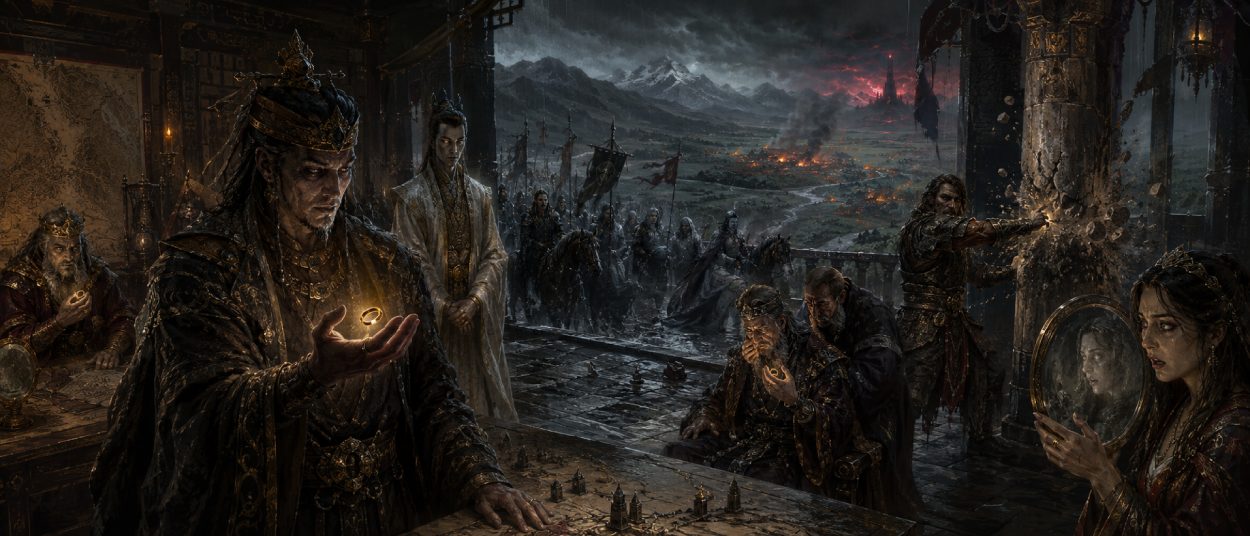 Ein dunkel gekleideter menschlicher König steht zwischen mehreren gepanzerten Reitern auf schwarzen Pferden. Hinter ihnen erhebt sich eine steinerne Festung über einer kargen Landschaft, während ein goldener Ring in der Hand des Königs schwach leuchtet.