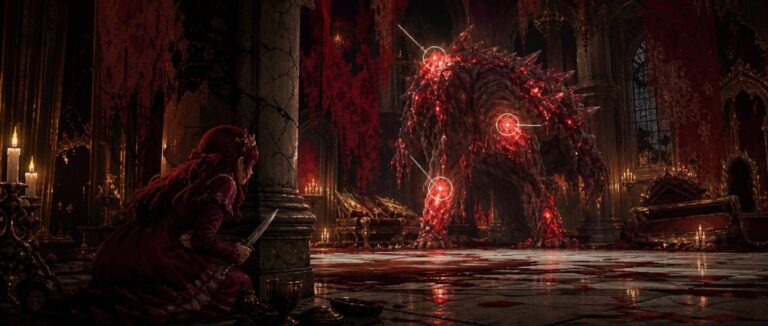 Prinzessin Ruby steht mit ihrem Küchenmesser in einer zerfallenen Kammer des Scarlet Kingdom, umgeben von blutroten Kristallsplittern im Boss-Rush-Spiel Rubinite.