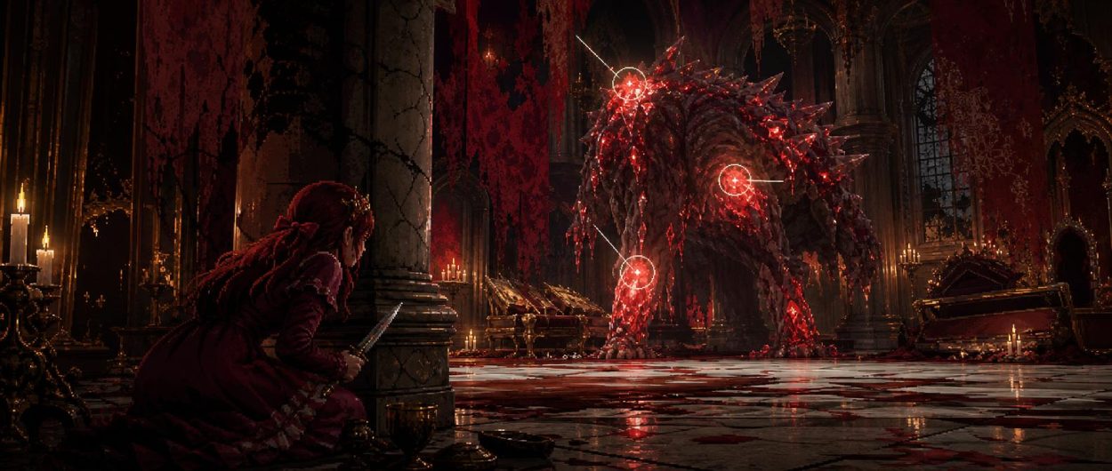Prinzessin Ruby steht mit ihrem Küchenmesser in einer zerfallenen Kammer des Scarlet Kingdom, umgeben von blutroten Kristallsplittern im Boss-Rush-Spiel Rubinite.