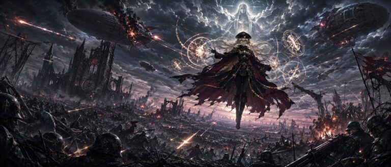 Eine kleine blonde Magierin in Uniform schwebt über einem düsteren Schlachtfeld, während Artilleriefeuer und magische Lichtkreise den Himmel zerreißen.