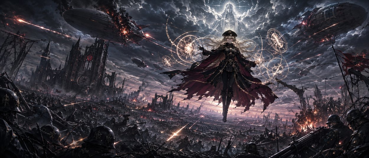 Eine kleine blonde Magierin in Uniform schwebt über einem düsteren Schlachtfeld, während Artilleriefeuer und magische Lichtkreise den Himmel zerreißen.