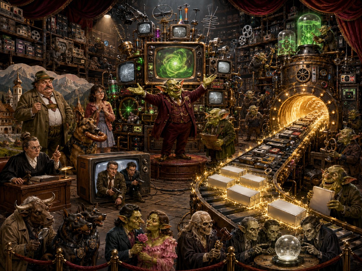 Fantasy-Szene in einem riesigen Fernseharchiv, in dem Goblins alte Serienrollen, Videokassetten und Röhrenfernseher sortieren, während bekannte Krimi- und Telenovela-Figuren für den neuen Sender Sat.2 wiederbelebt werden.