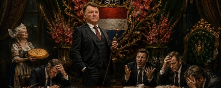 Fantasy-Szene mit Louis van Gaal in einer prunkvollen Halle des DFB und der Zwischenreiche, umgeben von Gladiolen, absurden Trainerkandidaten wie Frank Rijkaard und Frau Antje sowie einer chaotischen Auswahlkommission.