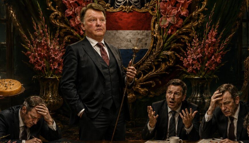 Fantasy-Szene mit Louis van Gaal in einer prunkvollen Halle des DFB und der Zwischenreiche, umgeben von Gladiolen, absurden Trainerkandidaten wie Frank Rijkaard und Frau Antje sowie einer chaotischen Auswahlkommission.
