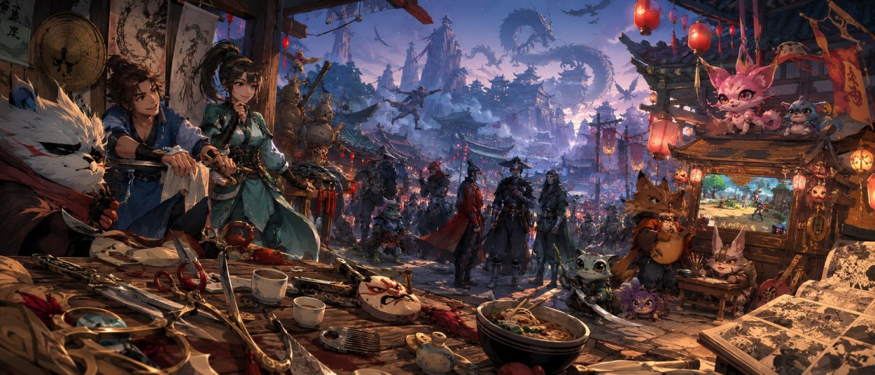 Scissor Seven als Wuxia-Fantasy-Kosmos mit Xuanwu, Drachen, Scherenkampf, alten Legenden und Martial-Arts-Fraktionen.