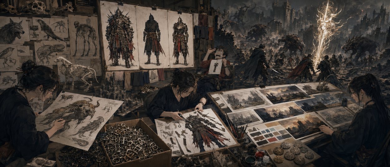 Drei Zeichner arbeiten in einem Animationsstudio an Entwürfen für eine dunkle Fantasywelt. Auf ihren Tischen liegen Skizzen von Rüstungen, Tierbewegungen und gehörnten Kreaturen, während an einer Wand mehrere vereinfachte Kostümvarianten nebeneinander hängen.