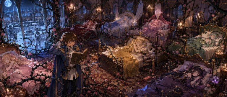Seven Sleeping Beauties Anime mit sieben schlafenden Prinzessinnen in einem verfluchten Märchenschloss.