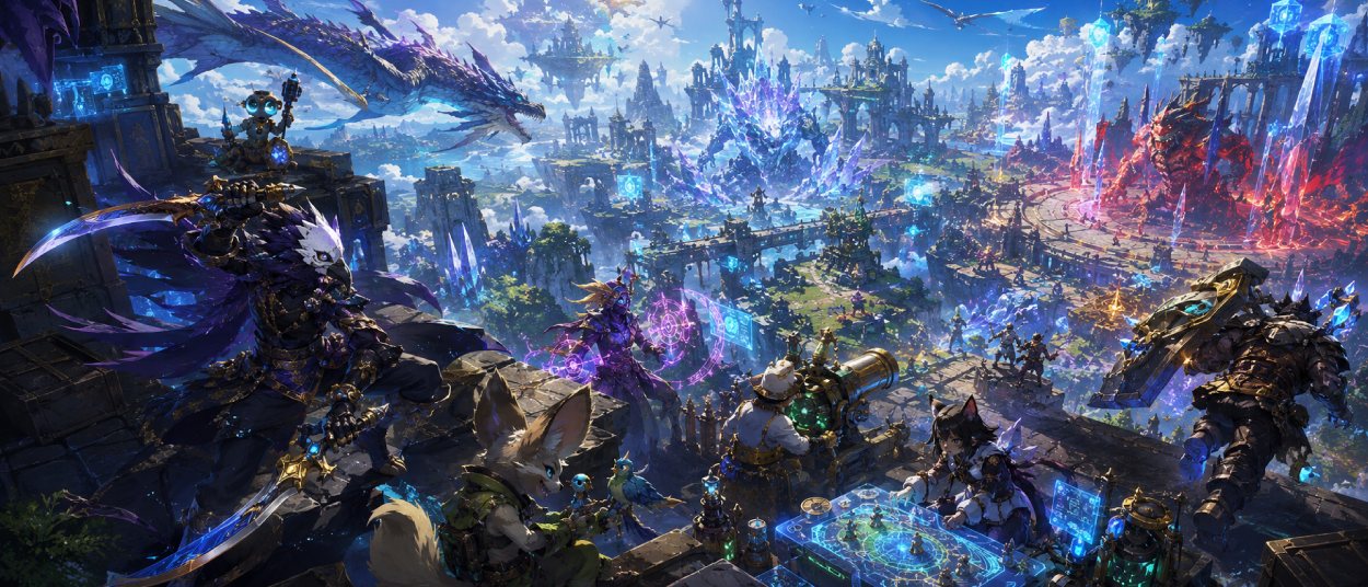 Ein maskierter Fantasy-Spieler steht in einer gewaltigen virtuellen MMORPG-Welt vor Monstern, Bossarenen und leuchtenden Systemfenstern.