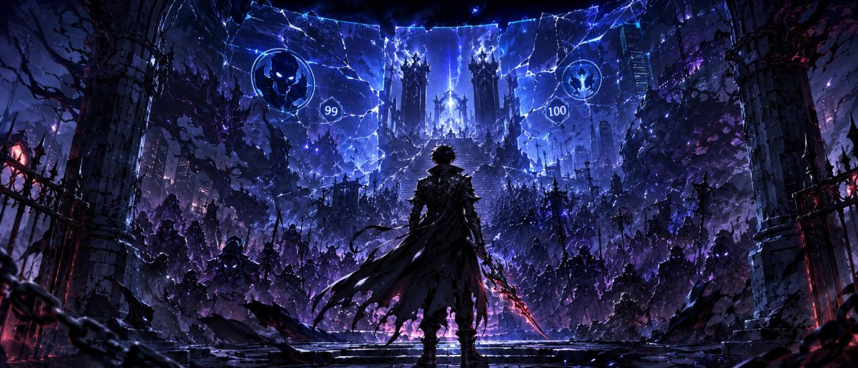 Ein dunkler Jäger steht vor einem riesigen leuchtenden Systemfenster, während Schattenkrieger und ein Dungeonportal hinter ihm erscheinen.